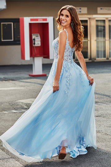 Splendido A Line Spaghetti Straps Azzurro Corsetto Prom Dress con Appliques